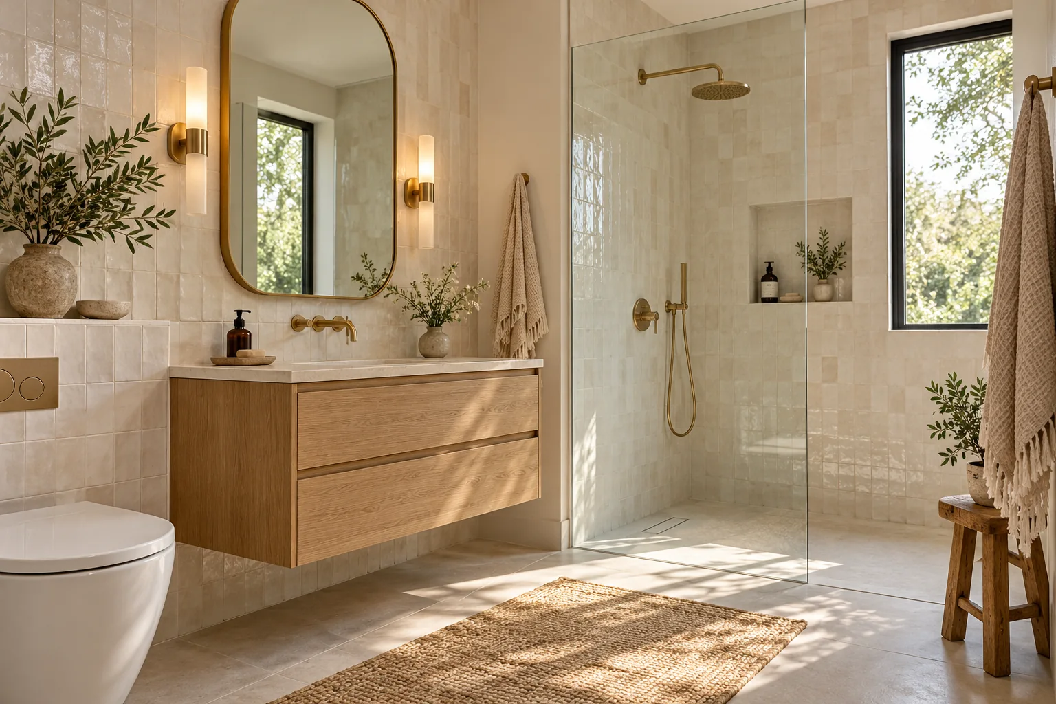 Warm bathroom design concept with oak vanity and ivory tile