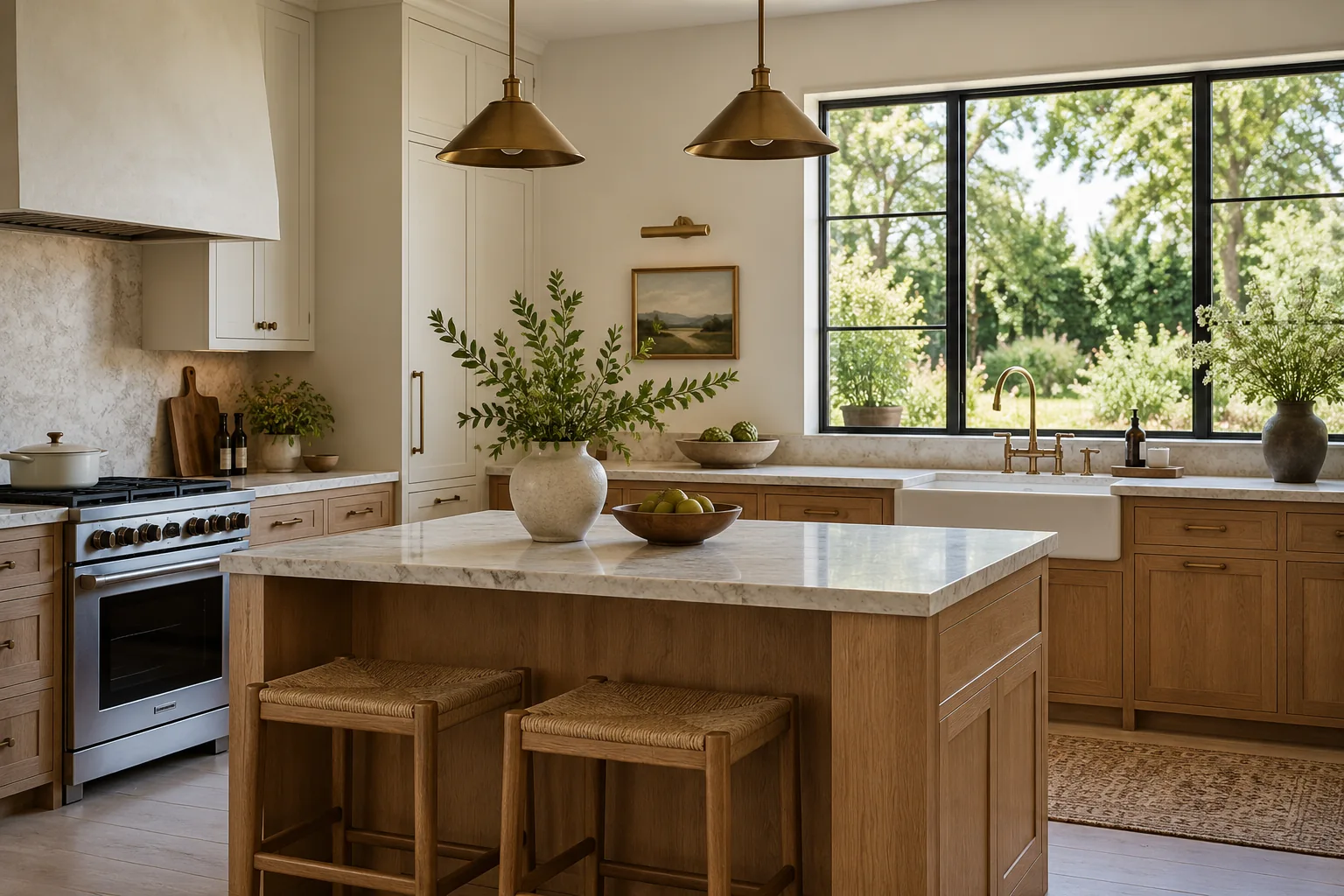 Illustrative oak kitchen with warm neutral finishes