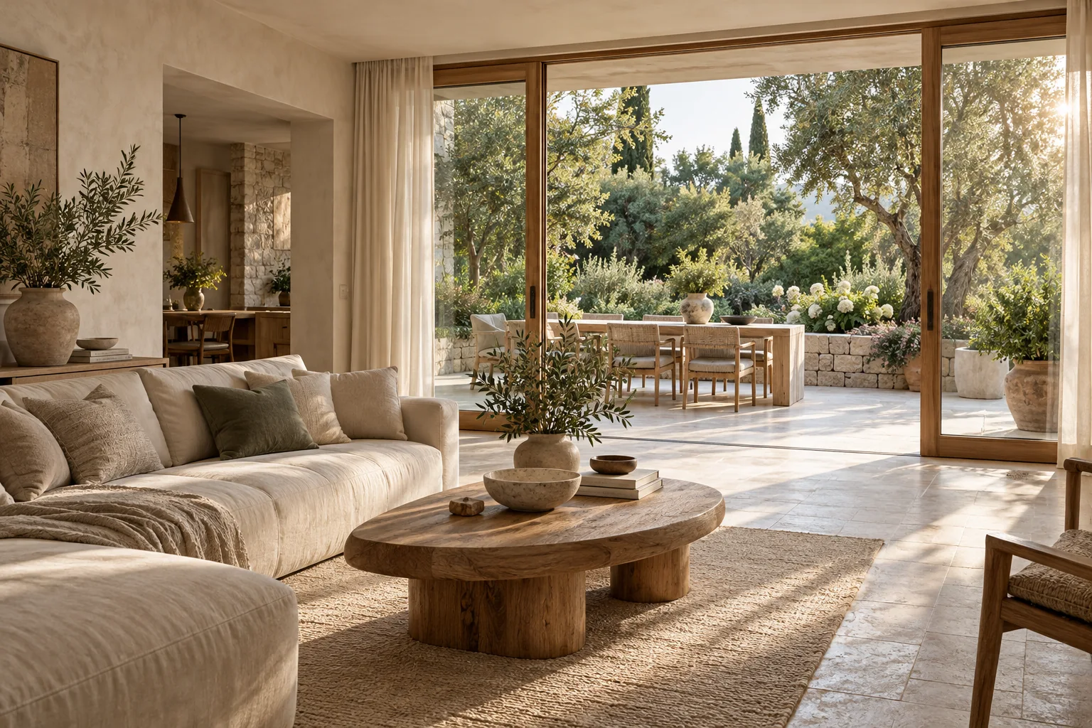 Illustrative living room renovation concept opening onto a sunlit garden patio
