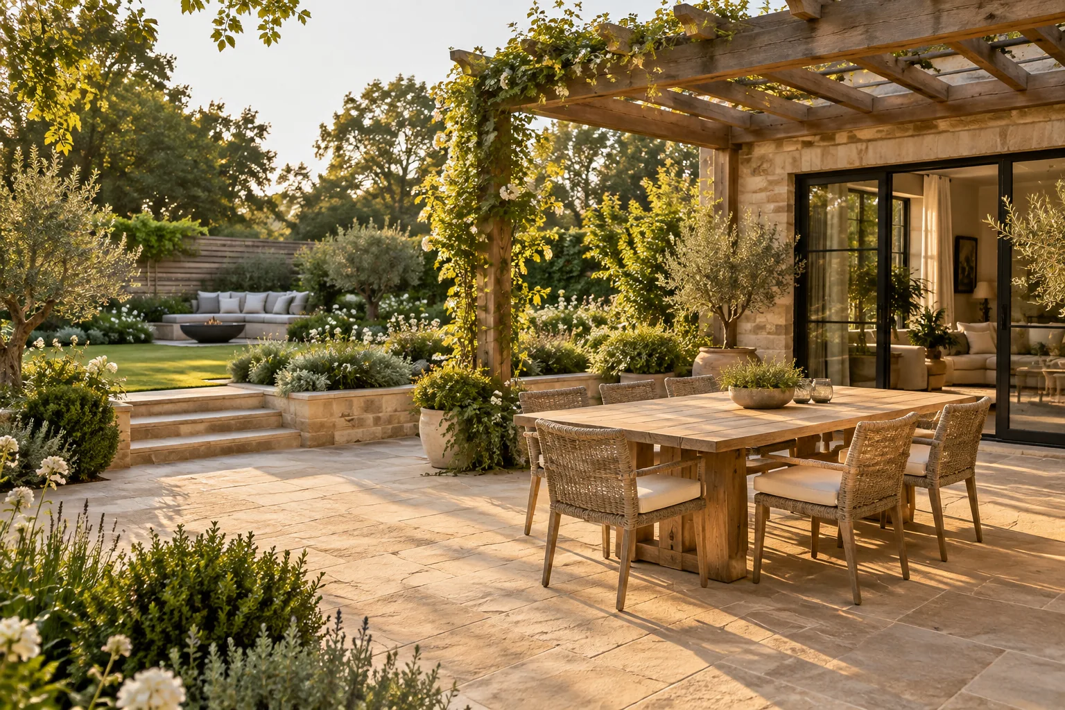 Illustrative garden patio with stone paving and outdoor seating